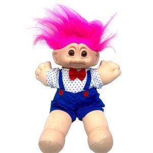 Vintage RARE 90s Cloud 9 Troll Blue Overalls Pink Hair Bowtie Plush Toy Doll 12"
